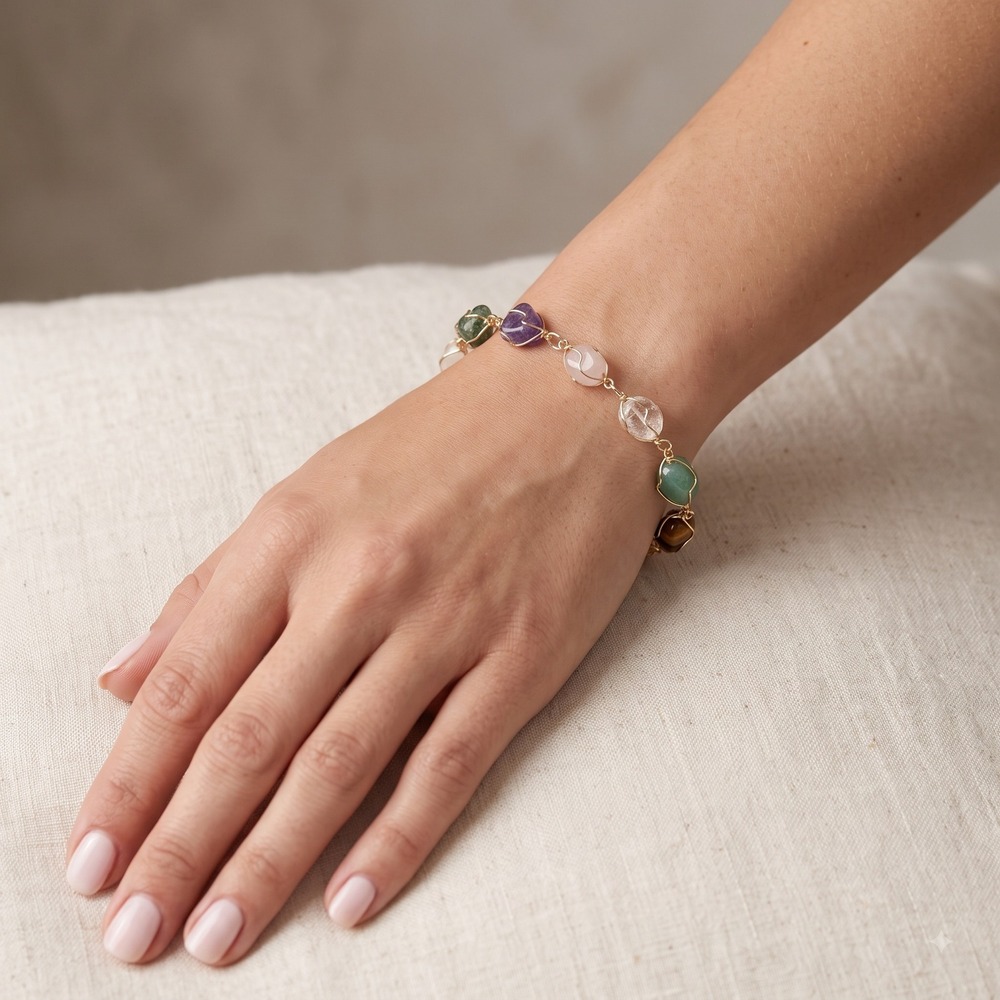 Handmade Wire Wrapped Tumble Gemstone Link Bracelet Gold Tone Boho Natural Stone